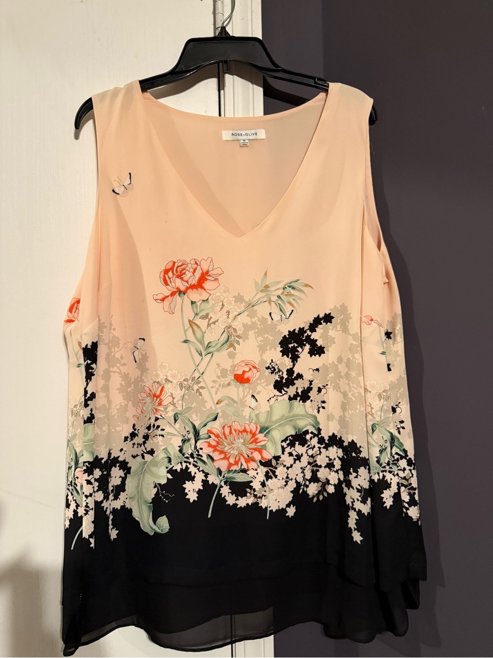 Rose & Olive Peach Floral Cold-Shoulder V-Neck Blouse with Black Hem
